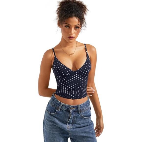Women Sexy Deep V Neck Tank Top Dots Blue - Picture 5 of 6